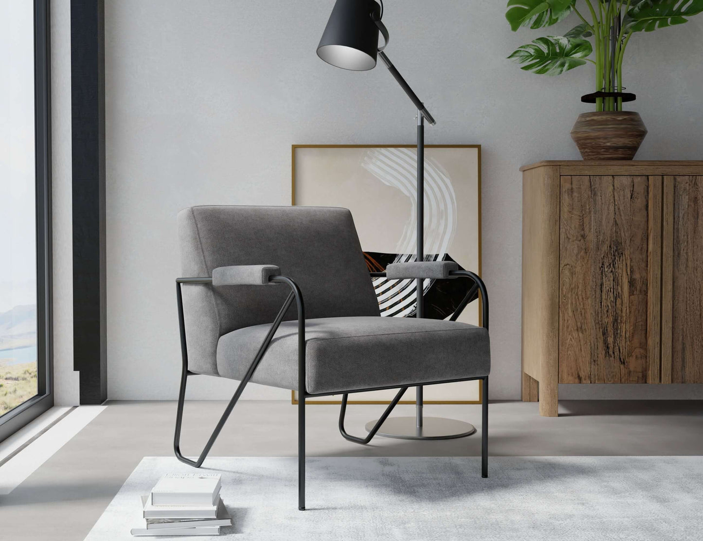 Wooden Frame & Metal Base, Armchair - Iron Gray