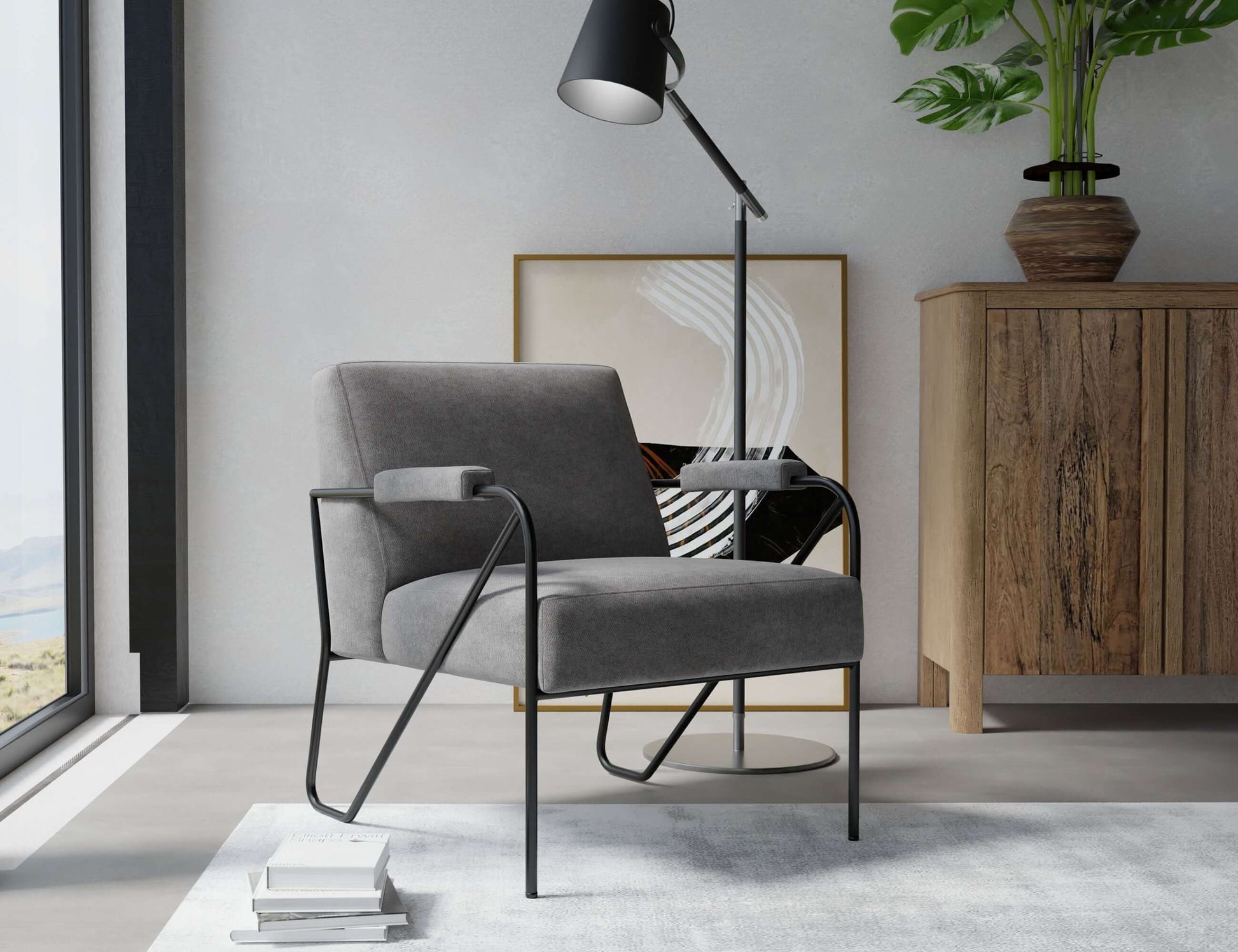 Wooden Frame & Metal Base, Armchair - Iron Gray
