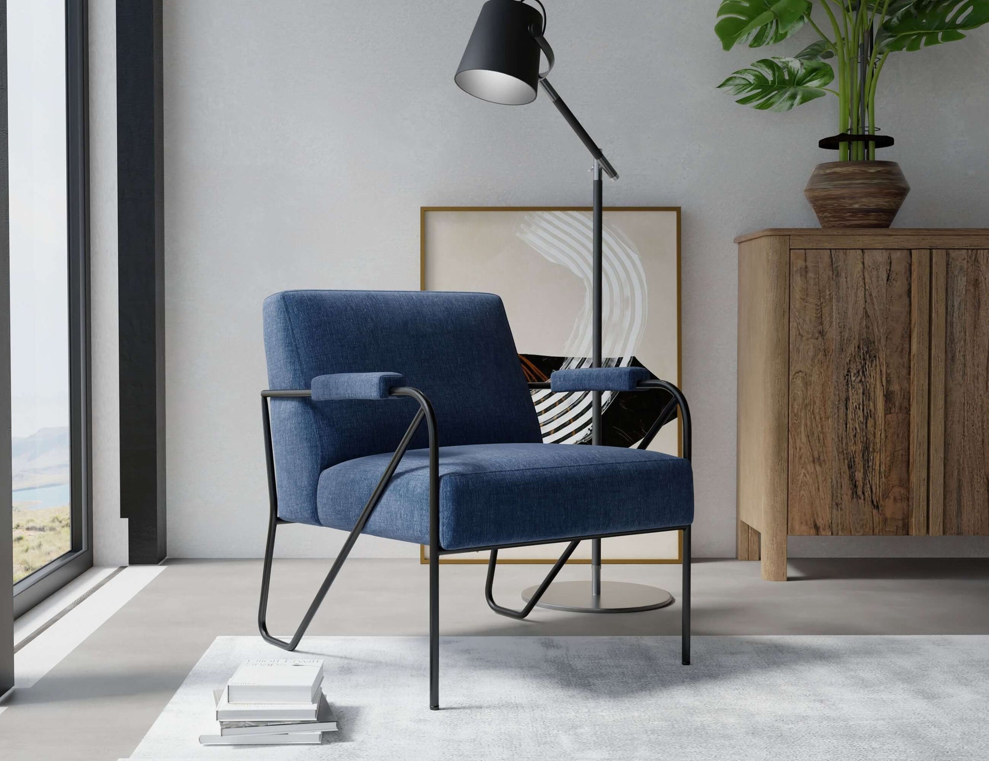 Wooden Frame & Metal Base, Armchair - Midnight Blue