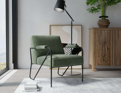 Wooden Frame & Metal Base, Armchair - Olive Green