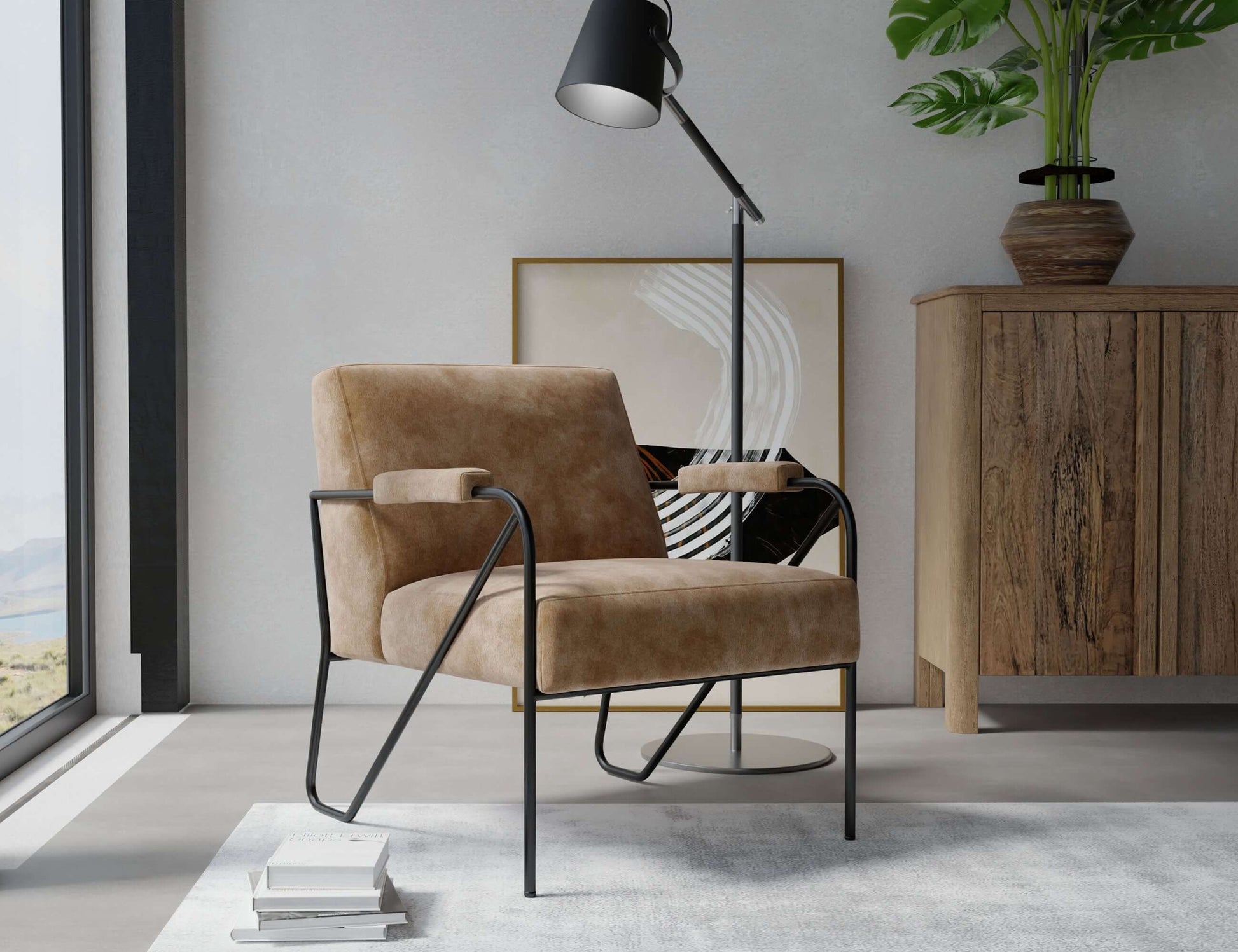 Wooden Frame & Metal Base, Armchair - Caramel Color