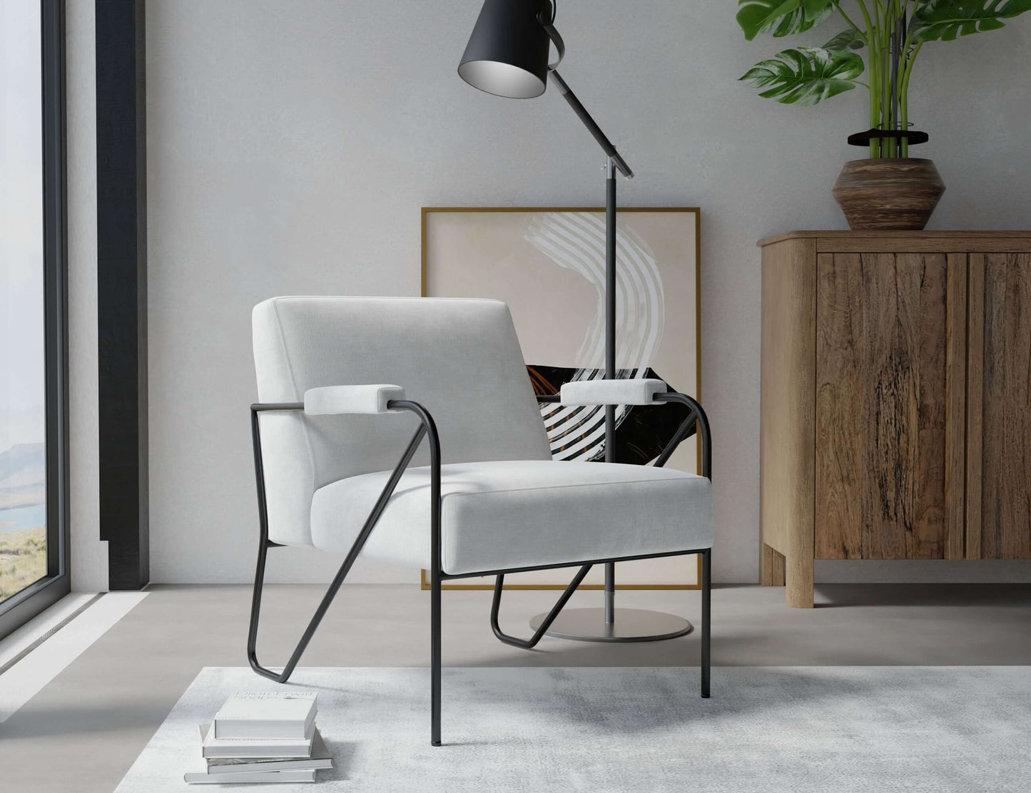 Wooden Frame & Metal Base, Armchair - Ecru Beige