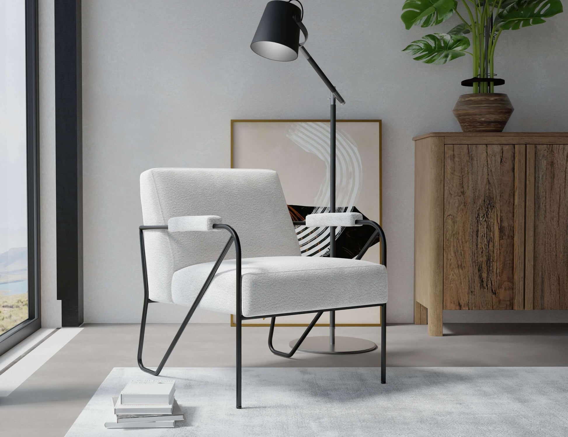 Wooden Frame & Metal Base, Armchair - Light Cream