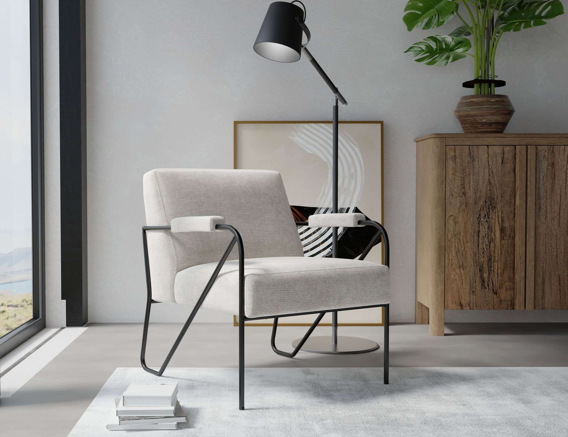 Wooden Frame & Metal Base, Armchair - Agreeable Gray