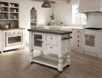 2 Drawer, 1 Glass Door Kitchen Island - Antiqued Ivory & Weathered Gray
