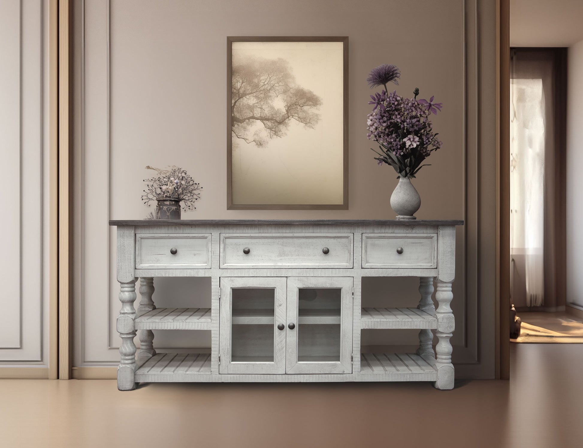 3 Drawer 2 Glass Doors 70" TV Stand - Antiqued Ivory & Weathered Gray