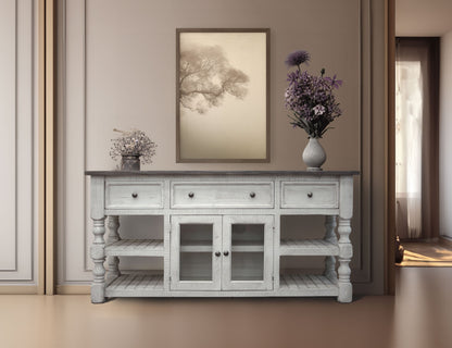 3 Drawer 2 Glass Doors 70" TV Stand - Antiqued Ivory & Weathered Gray