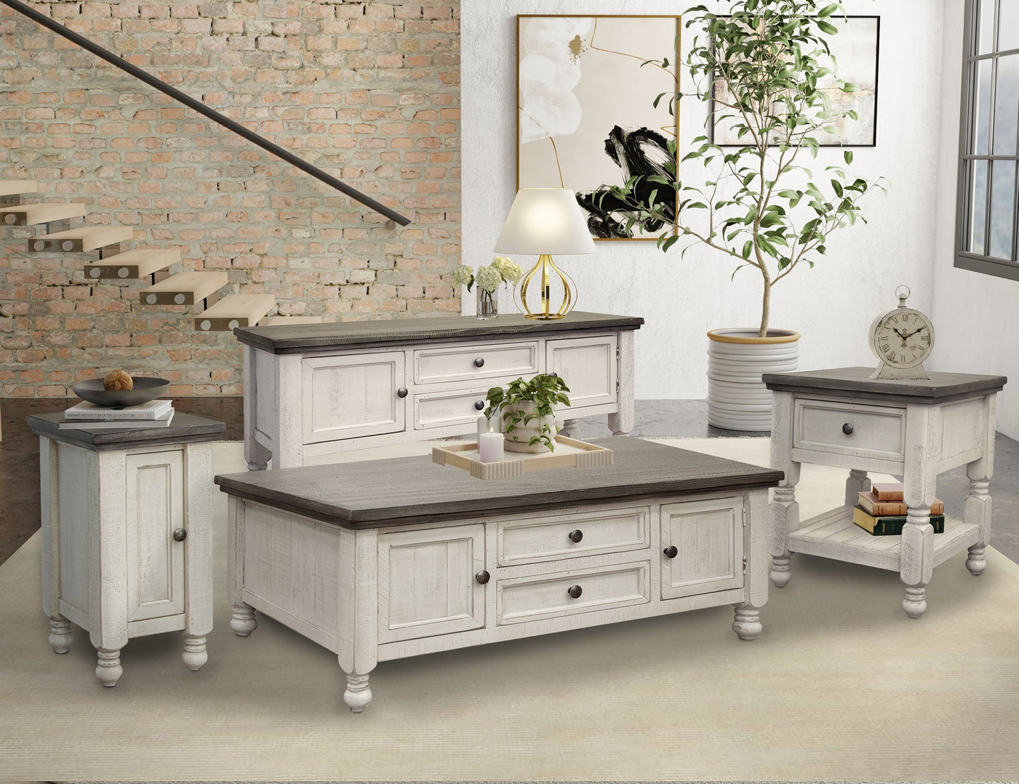 1 Door Chairside Table - Antiqued Ivory & Weathered Gray