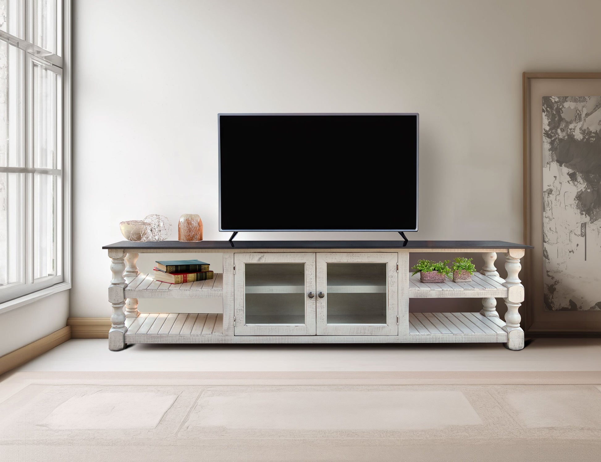 2 Door 93" TV Stand - Antiqued Ivory & Weathered Gray