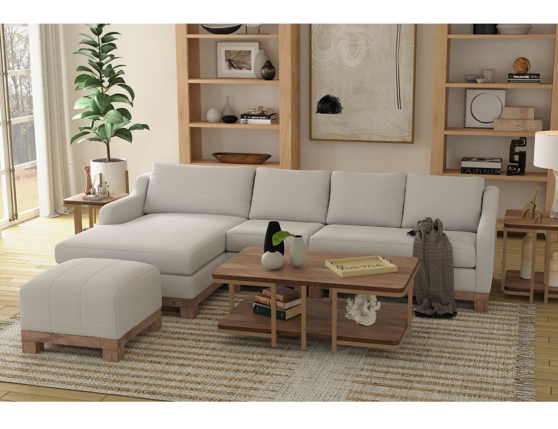 Wooden Frame & Base, Sectional - Ecru Beige