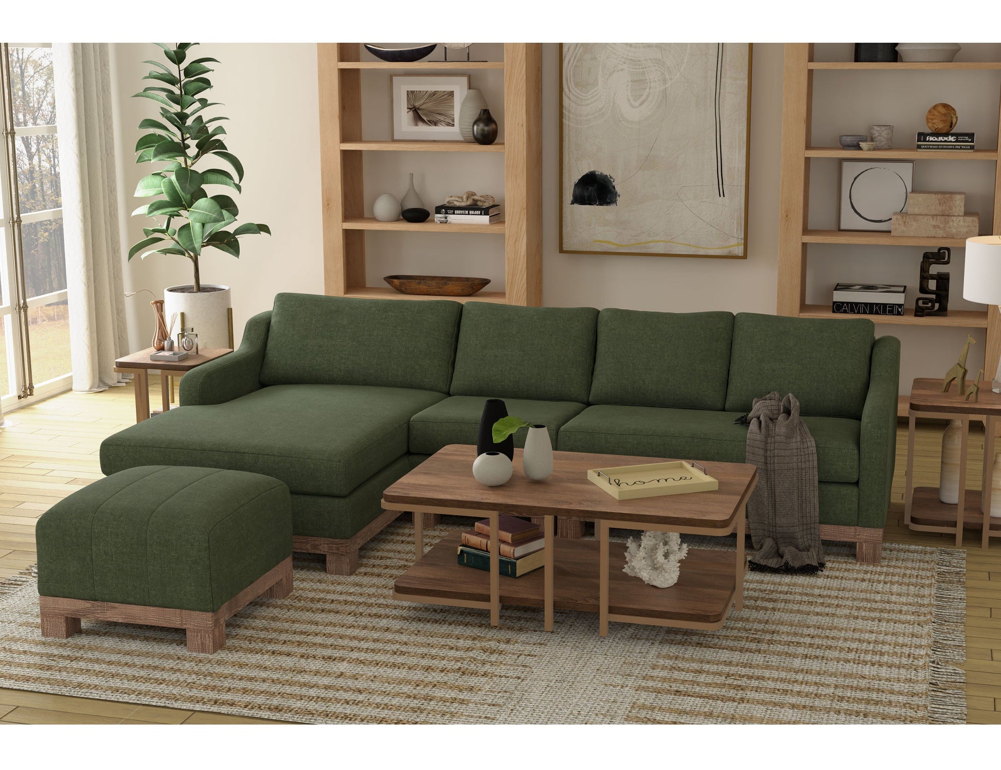 Wooden Frame & Base, Sectional - Olive Green