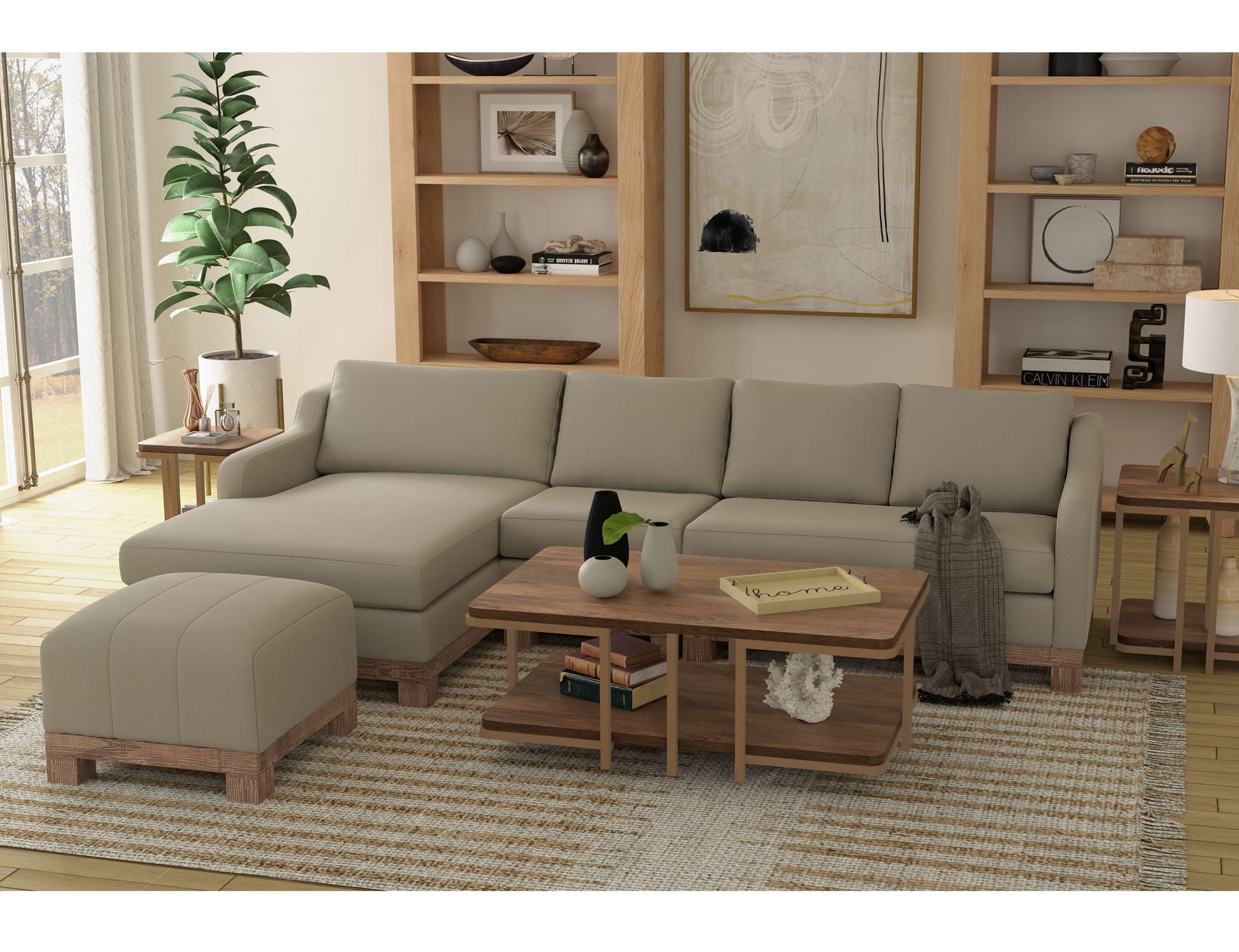 Wooden Frame & Base, Upholstered Square Ottoman - Almond Gray