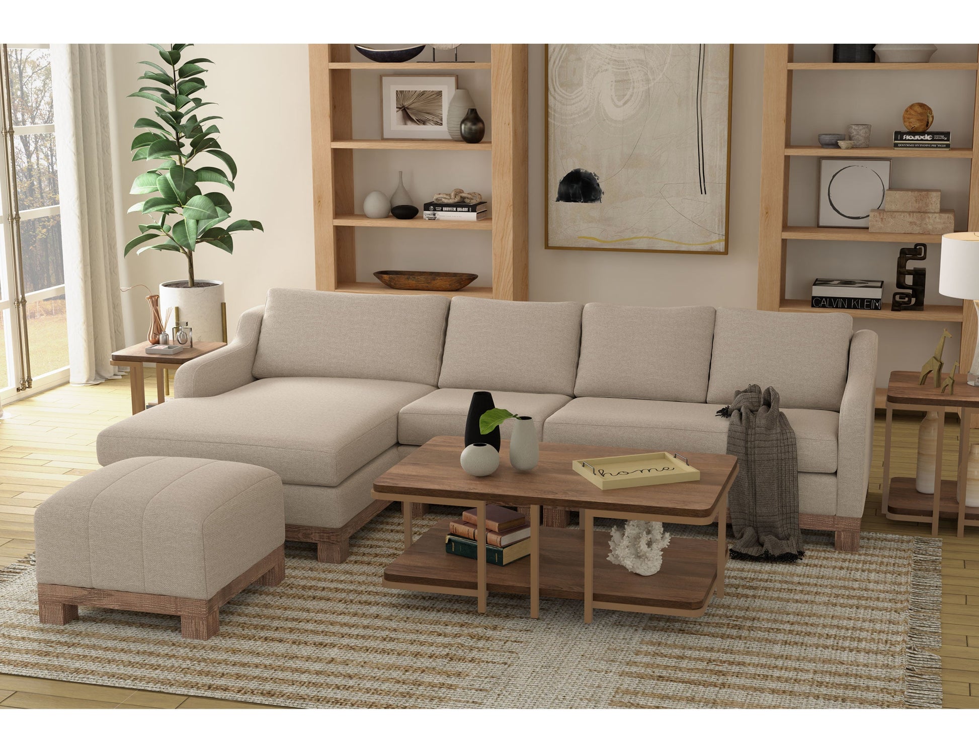Wooden Frame & Base, Upholstered Square Ottoman - Agreeable Gray