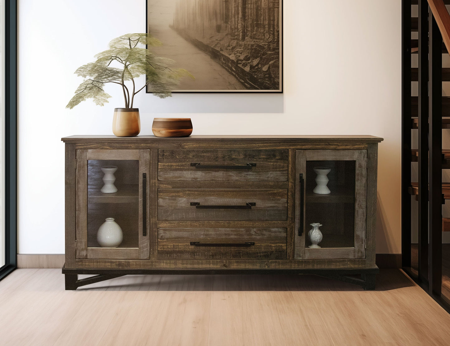 3 Drawer 2 Door Buffet - Two Tone Gray & Brown