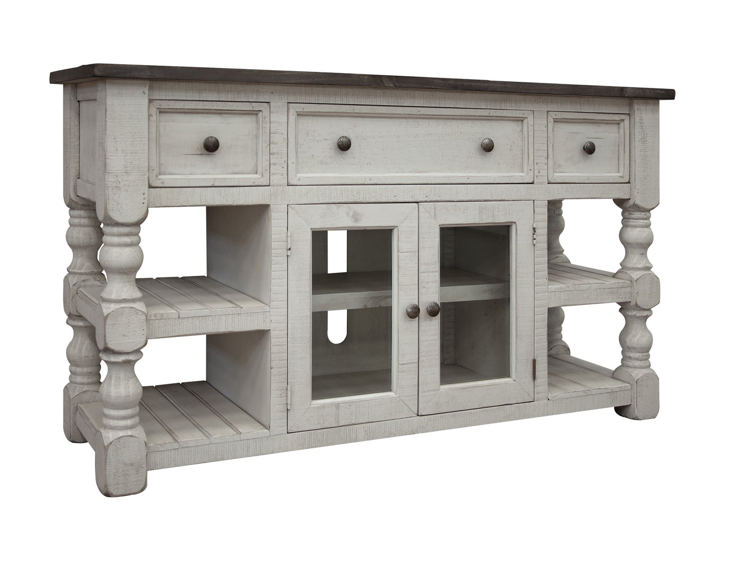3 Drawer 2 Glass Door 60" TV Stand - Antiqued Ivory & Weathered Gray