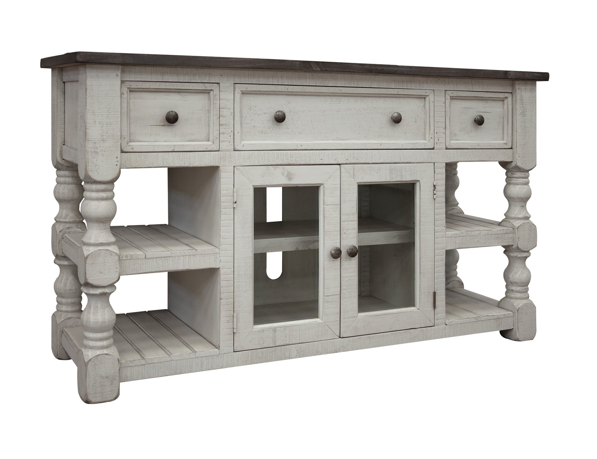 3 Drawer 2 Glass Door 60" TV Stand - Antiqued Ivory & Weathered Gray