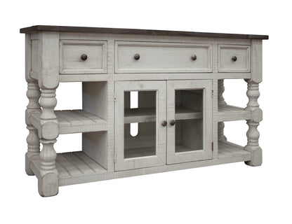 3 Drawer 2 Glass Door 60" TV Stand - Antiqued Ivory & Weathered Gray