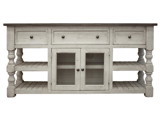 3 Drawer 2 Glass Doors 70" TV Stand - Antiqued Ivory & Weathered Gray