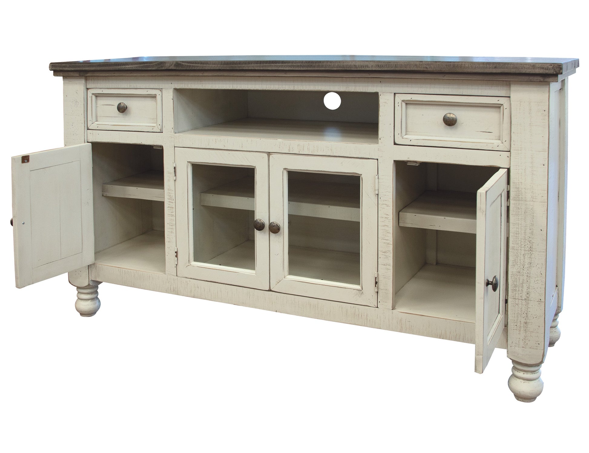 2 Drawer 4 Doors 60" TV Stand - Antiqued Ivory & Weathered Gray