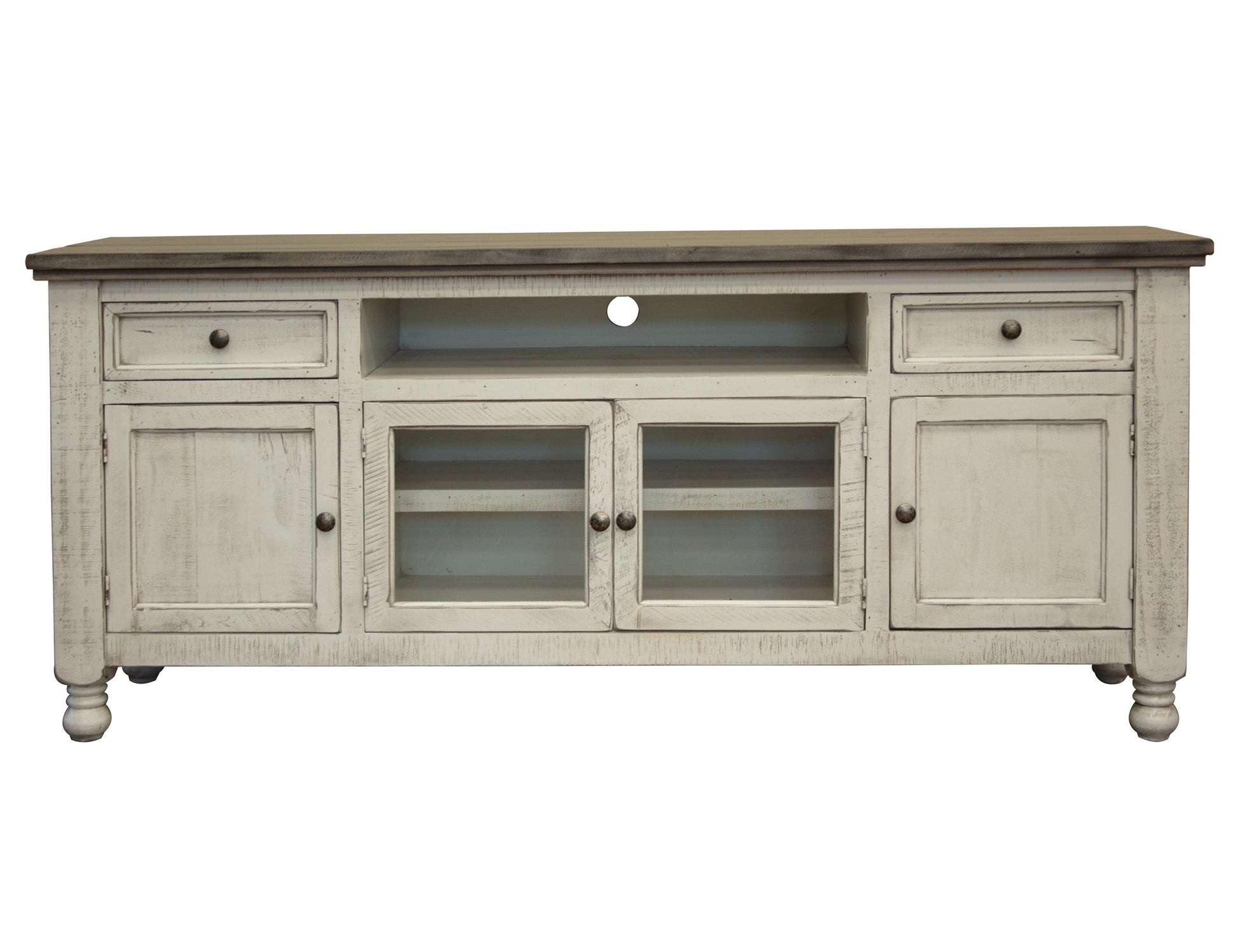 2 Drawer 4 Doors 80" TV Stand - Antiqued Ivory & Weathered Gray