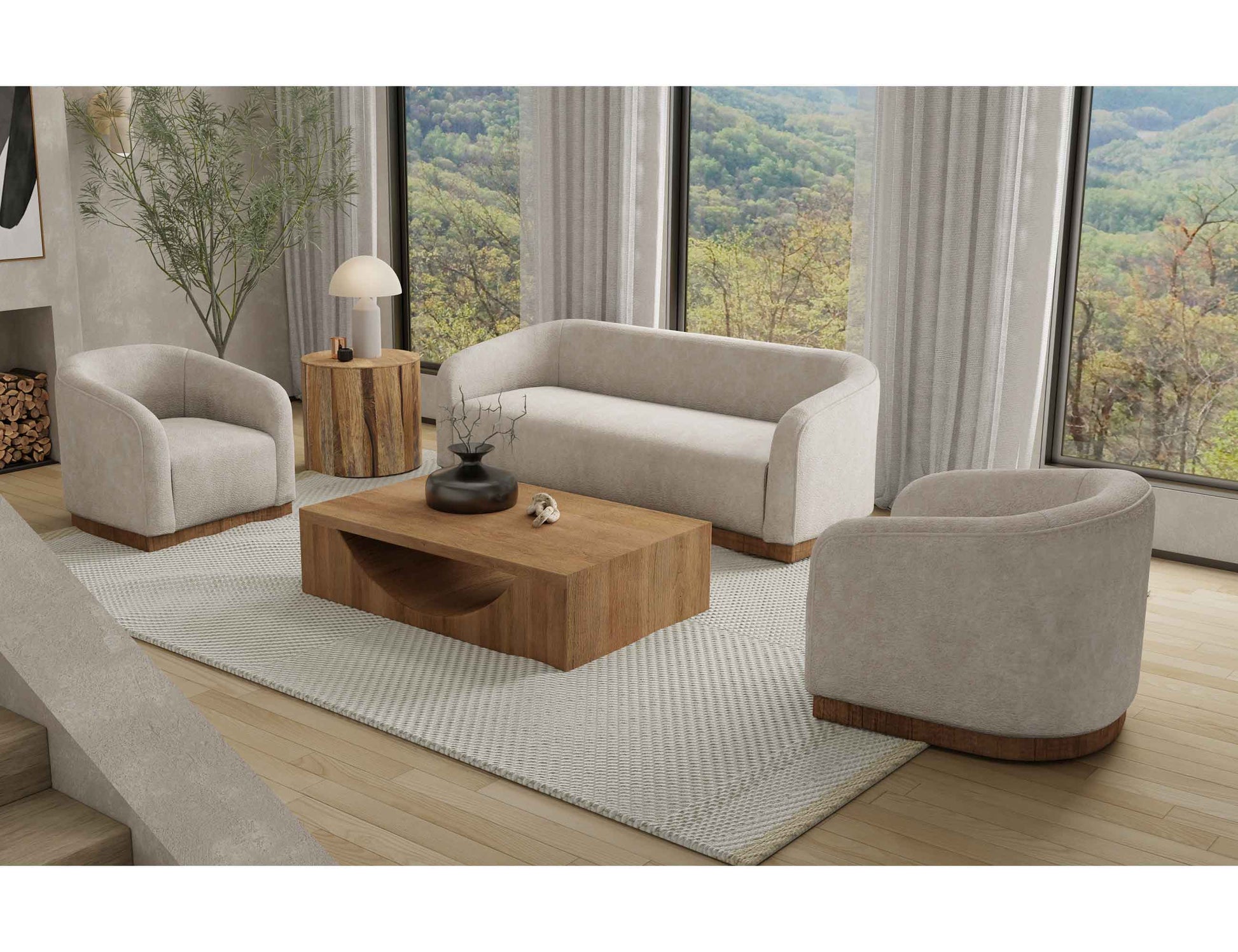 Wooden Frame & Base, Armchair - Ivory