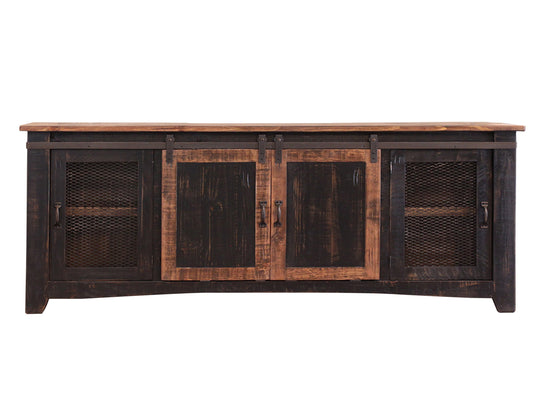 2 Sliding Doors, 2 Mesh Doors 80" TV Stand - Black & Medium Brown