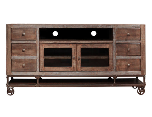 2 Glass Doors, 6 Drawers 76" TV Stand - Brown & Golden Undertones