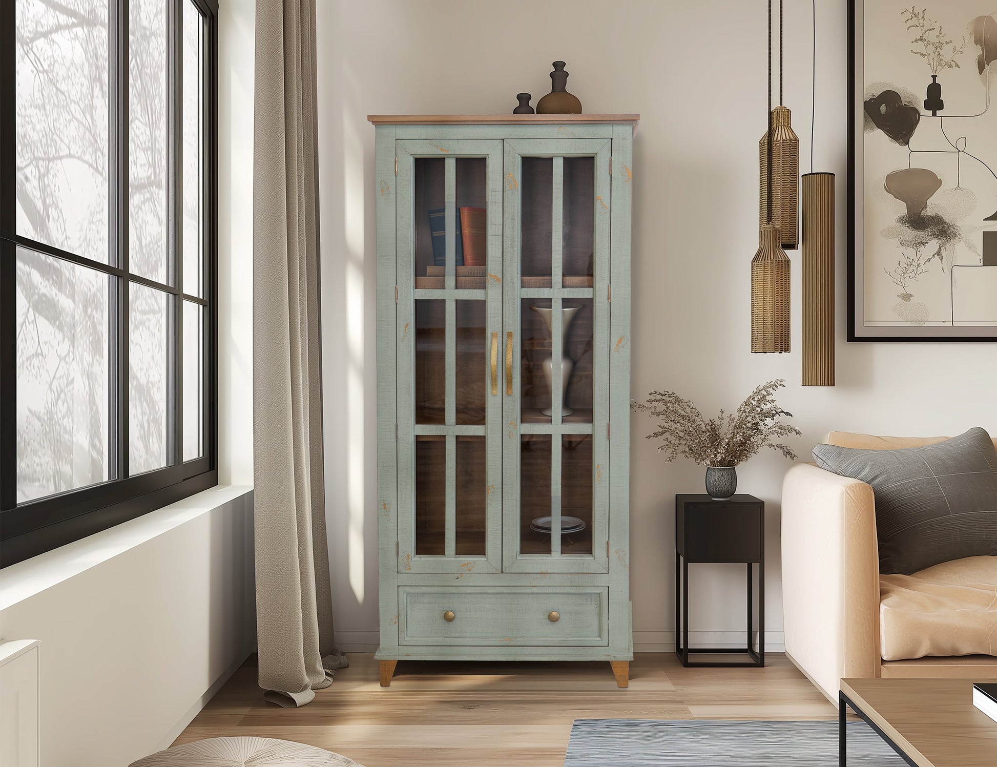 1 Drawer, 2 Glass Doors Cabinet - Sage Green
