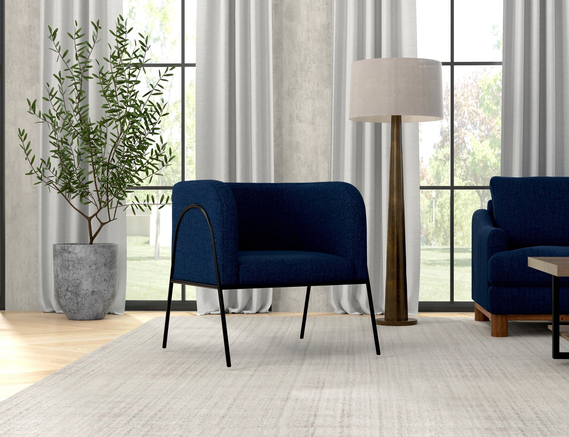 Wooden Frame & Metal Base, Armchair - Midnight Blue