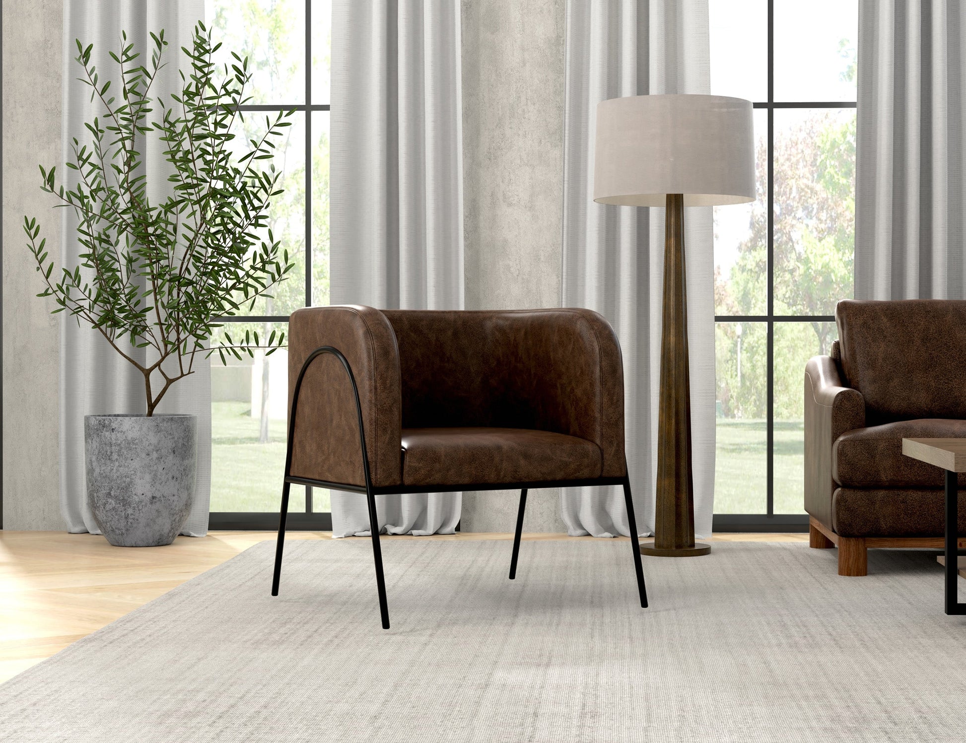 Wooden Frame & Metal Base, Armchair - Chocolate Brown
