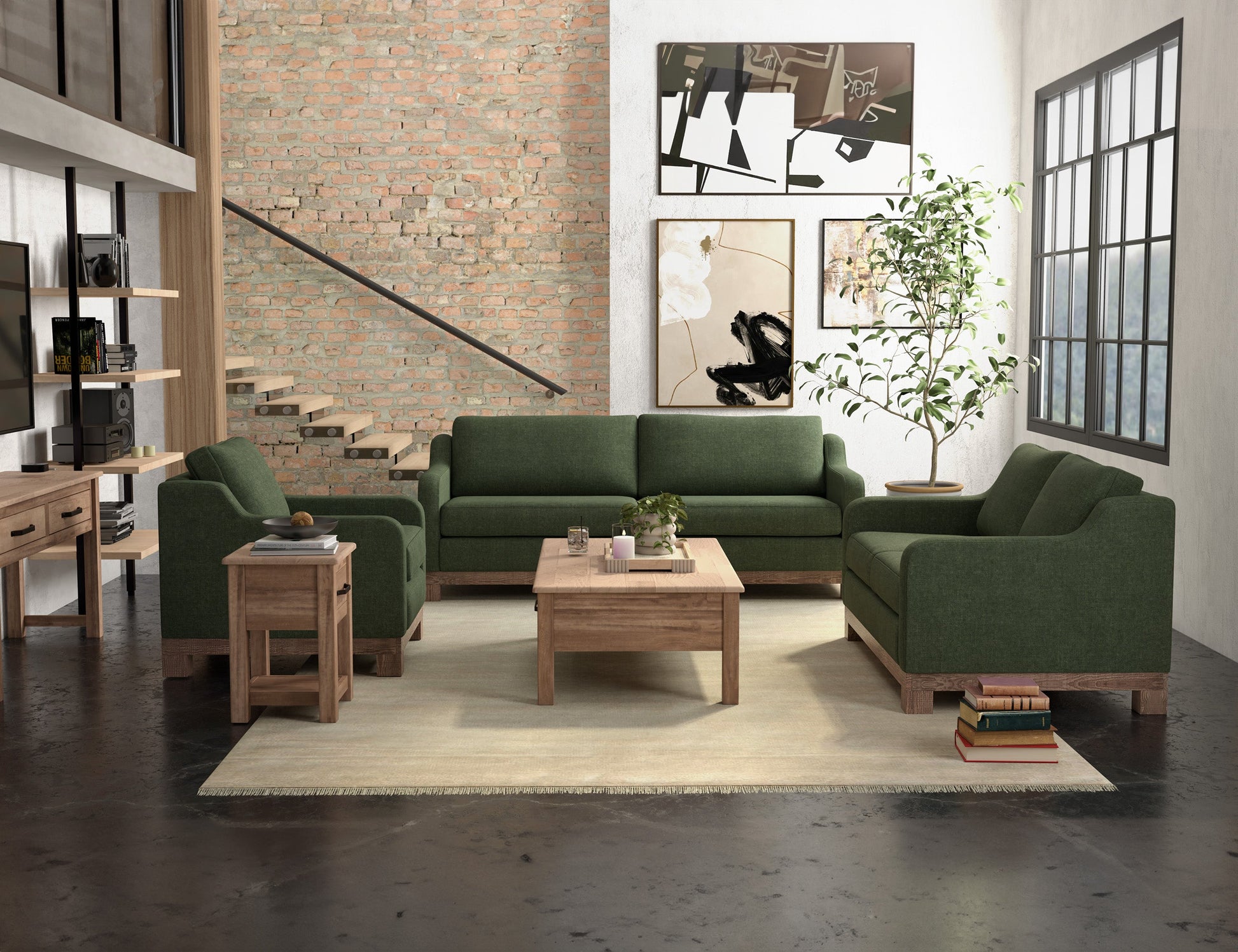 Wooden Frame & Base, Sofa - Olive Green