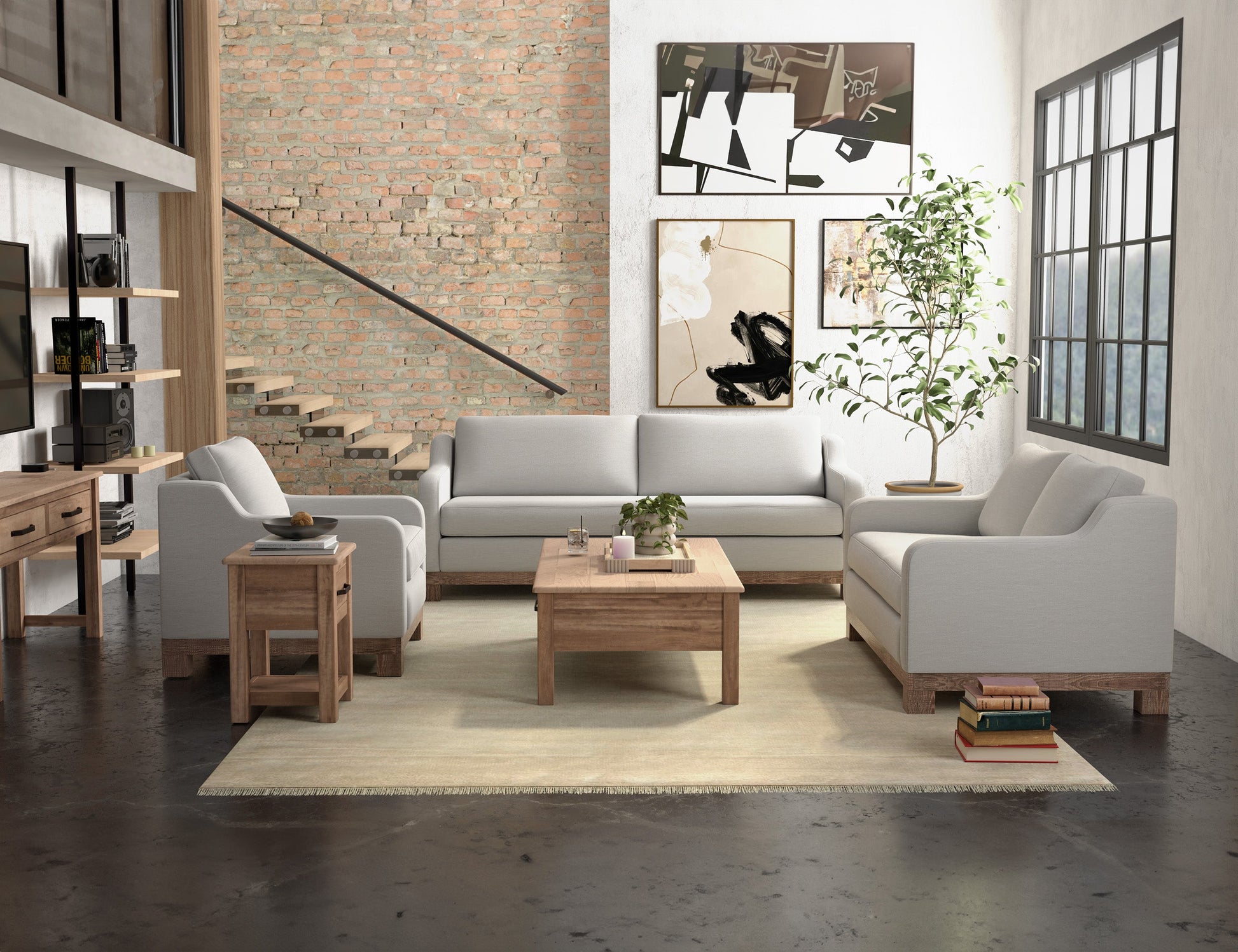 Wooden Frame & Base, Loveseat - Ecru Beige