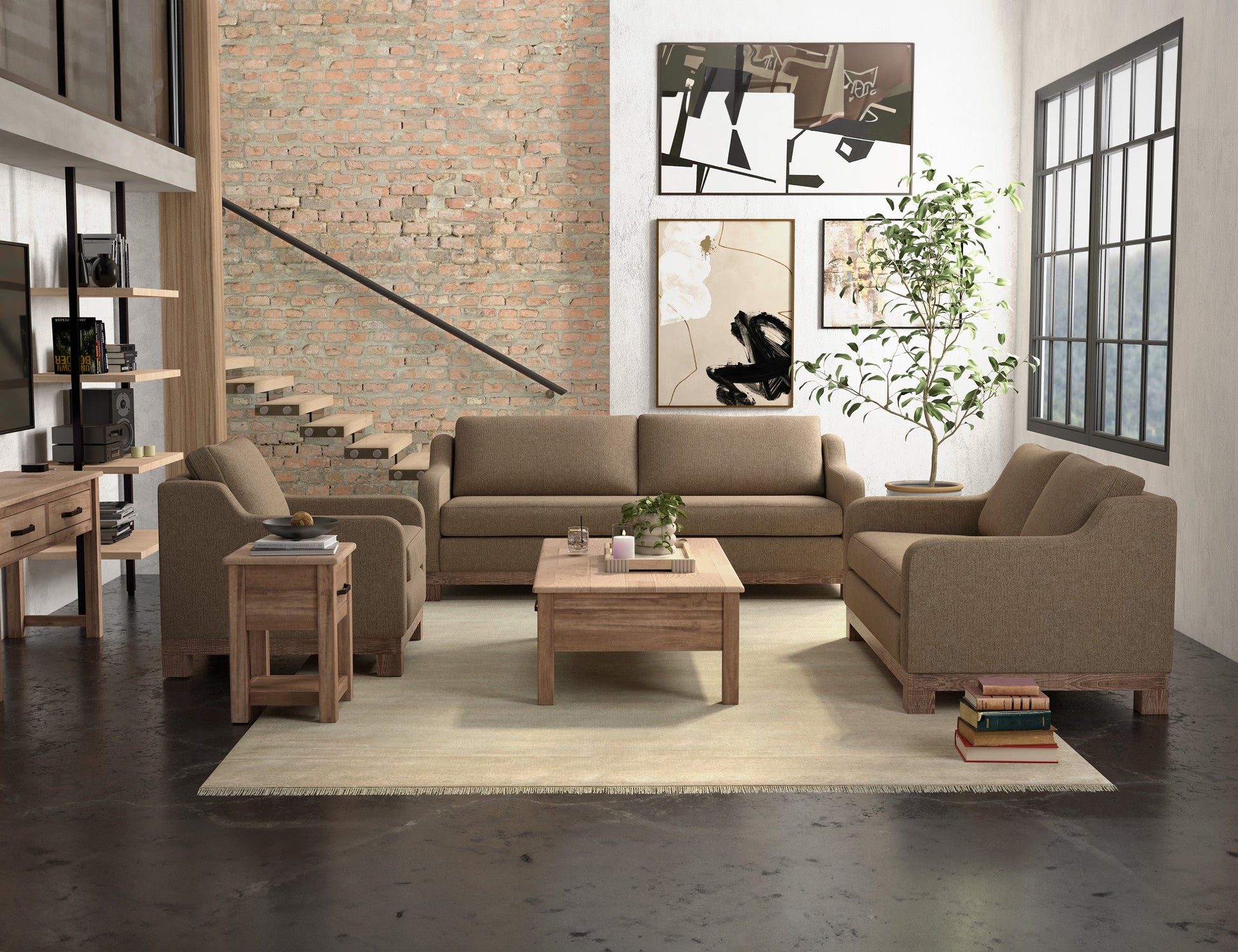 Wooden Frame & Base, Loveseat - Brown Camel