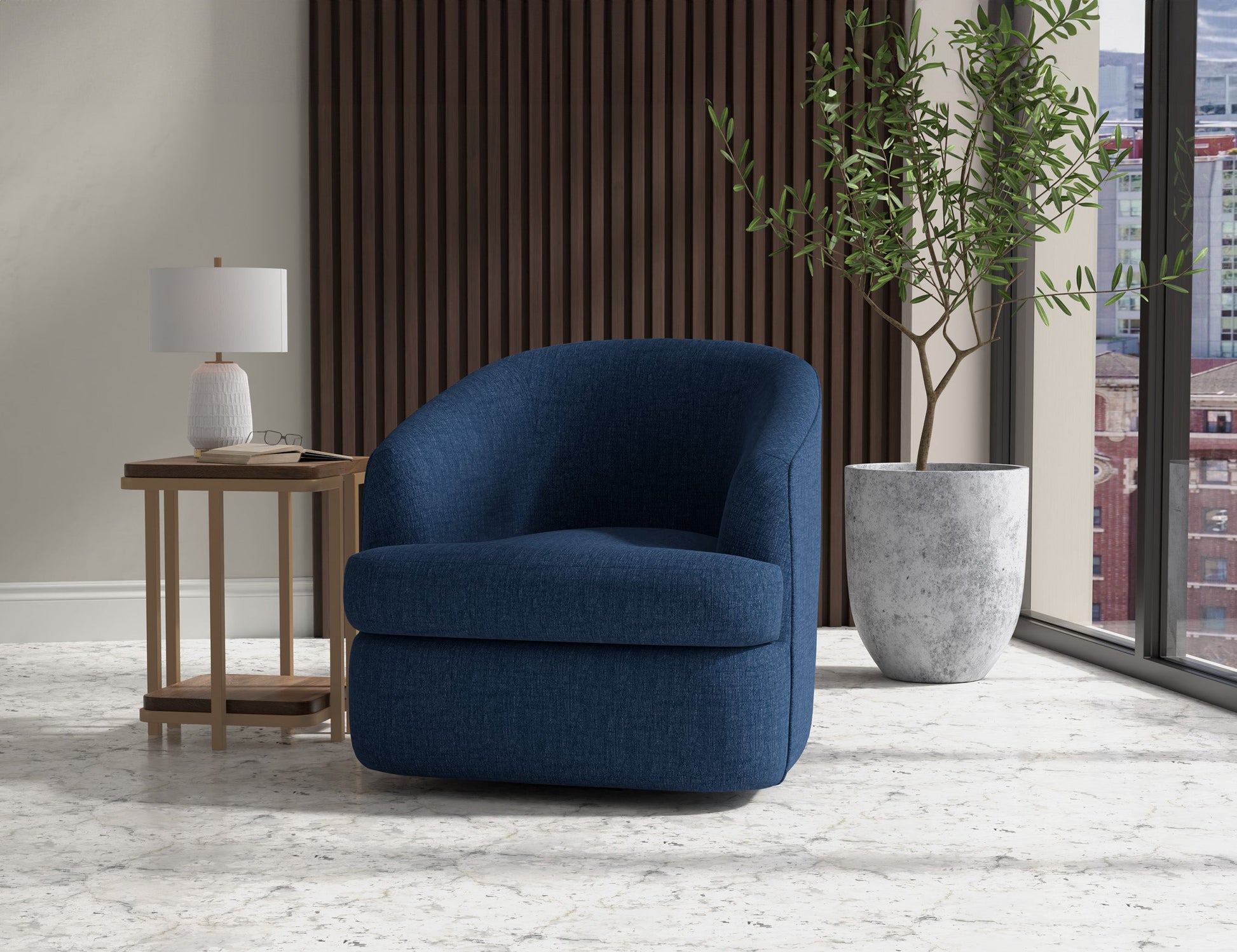 Wooden Frame & Metal Base, 360 Degree Swivel Accent Chair - Midnight Blue