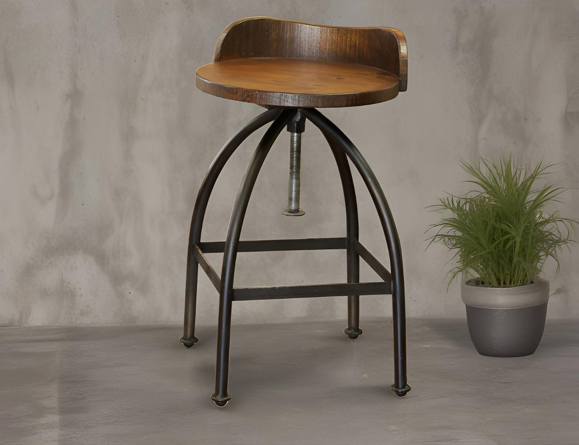 Wooden Seat Adjustable 24-30" Swivel Iron Base Barstool - Deep Brown