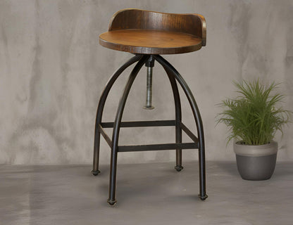Wooden Seat Adjustable 24-30" Swivel Iron Base Barstool - Deep Brown
