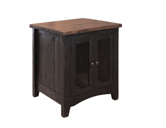 2 Metal Mesh Doors End Table - Black & Medium Brown
