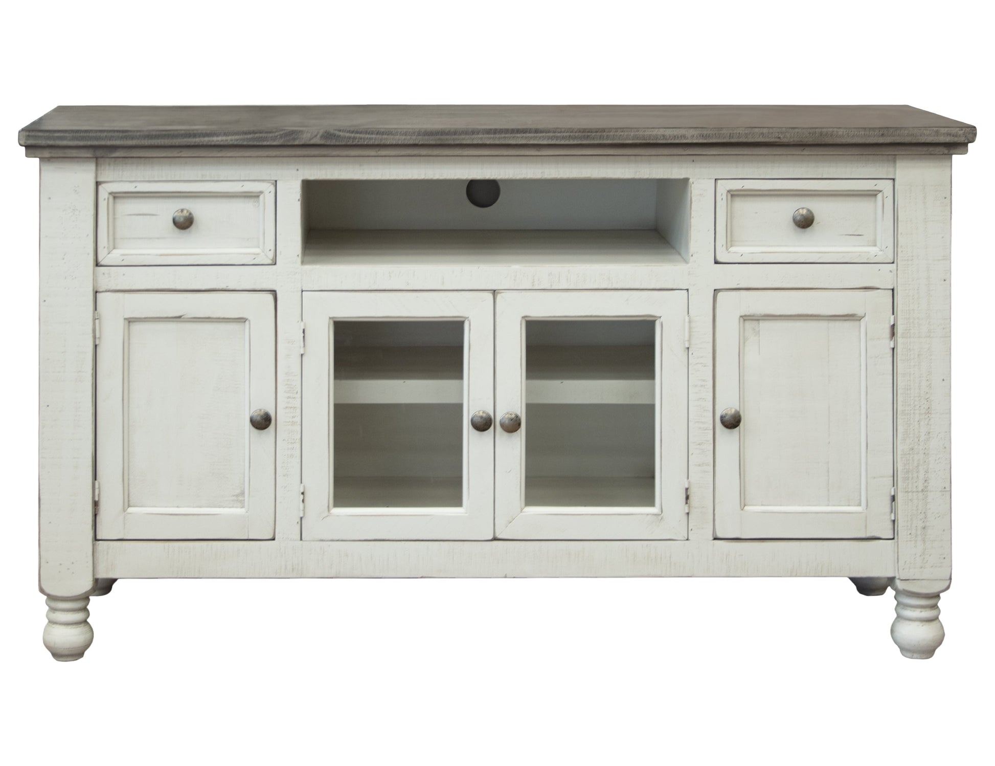 2 Drawer 4 Doors 60" TV Stand - Antiqued Ivory & Weathered Gray