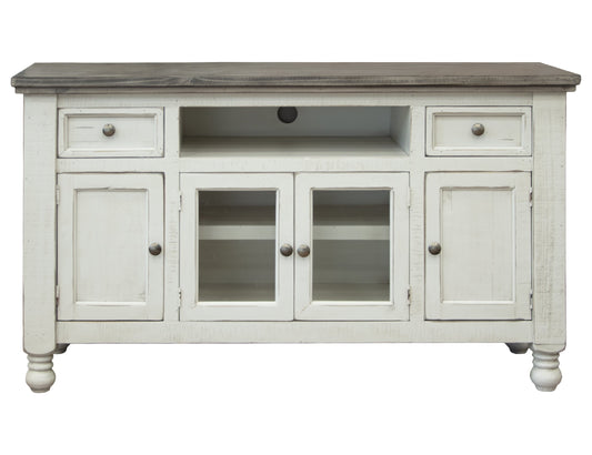 2 Drawer 4 Doors 60" TV Stand - Antiqued Ivory & Weathered Gray