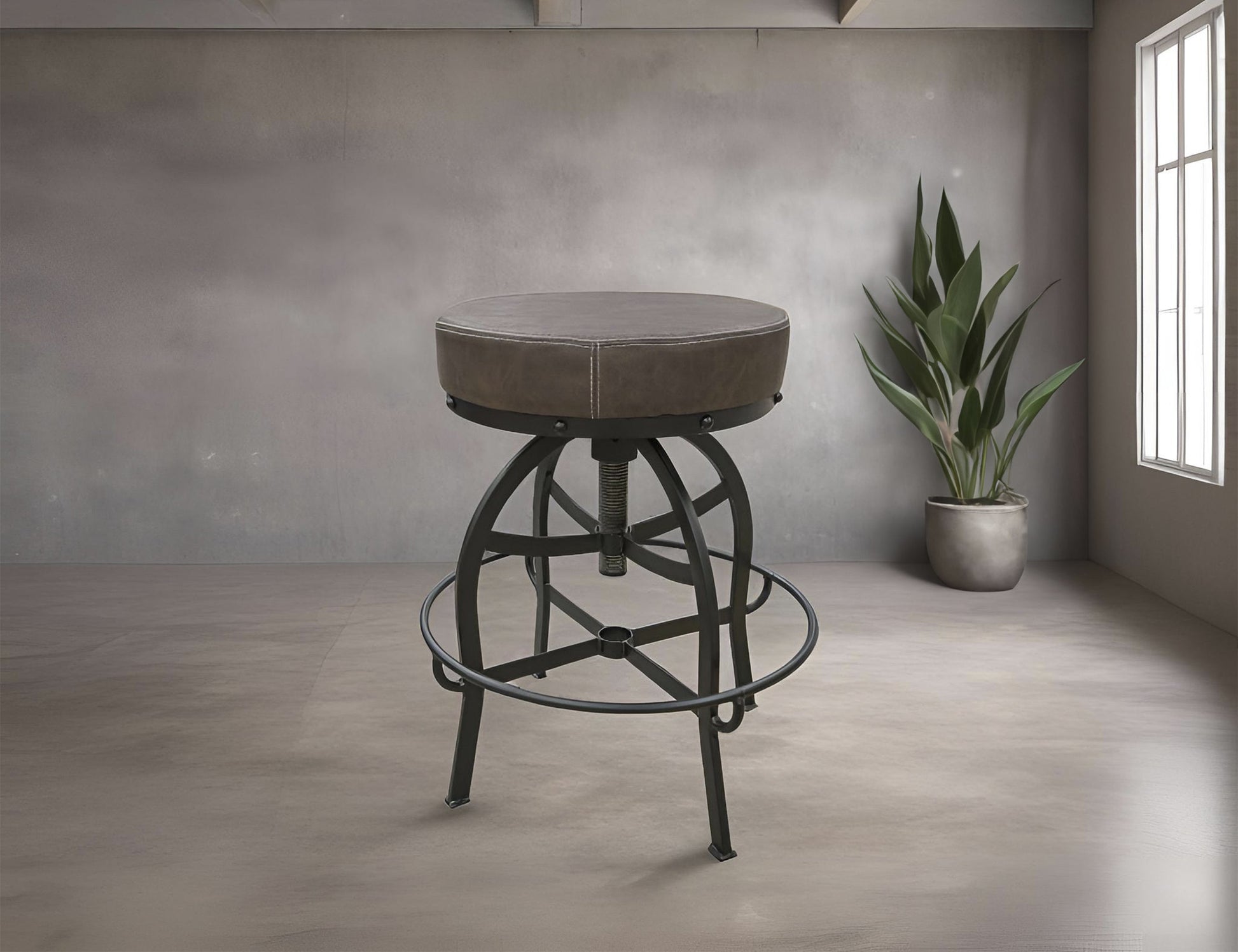 Upholstered Seat Adjustable 24-30" Swivel Iron Base Barstool - Brown