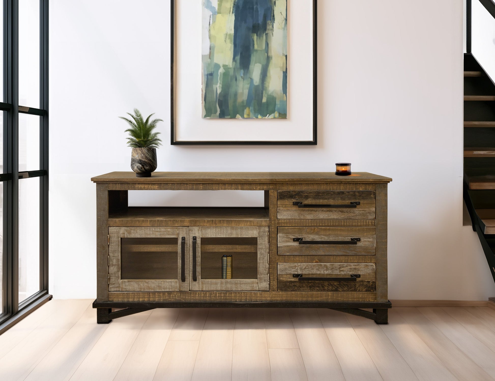 3 Drawer, 2 Doors 62" TV Stand - Two Tone Gray & Brown