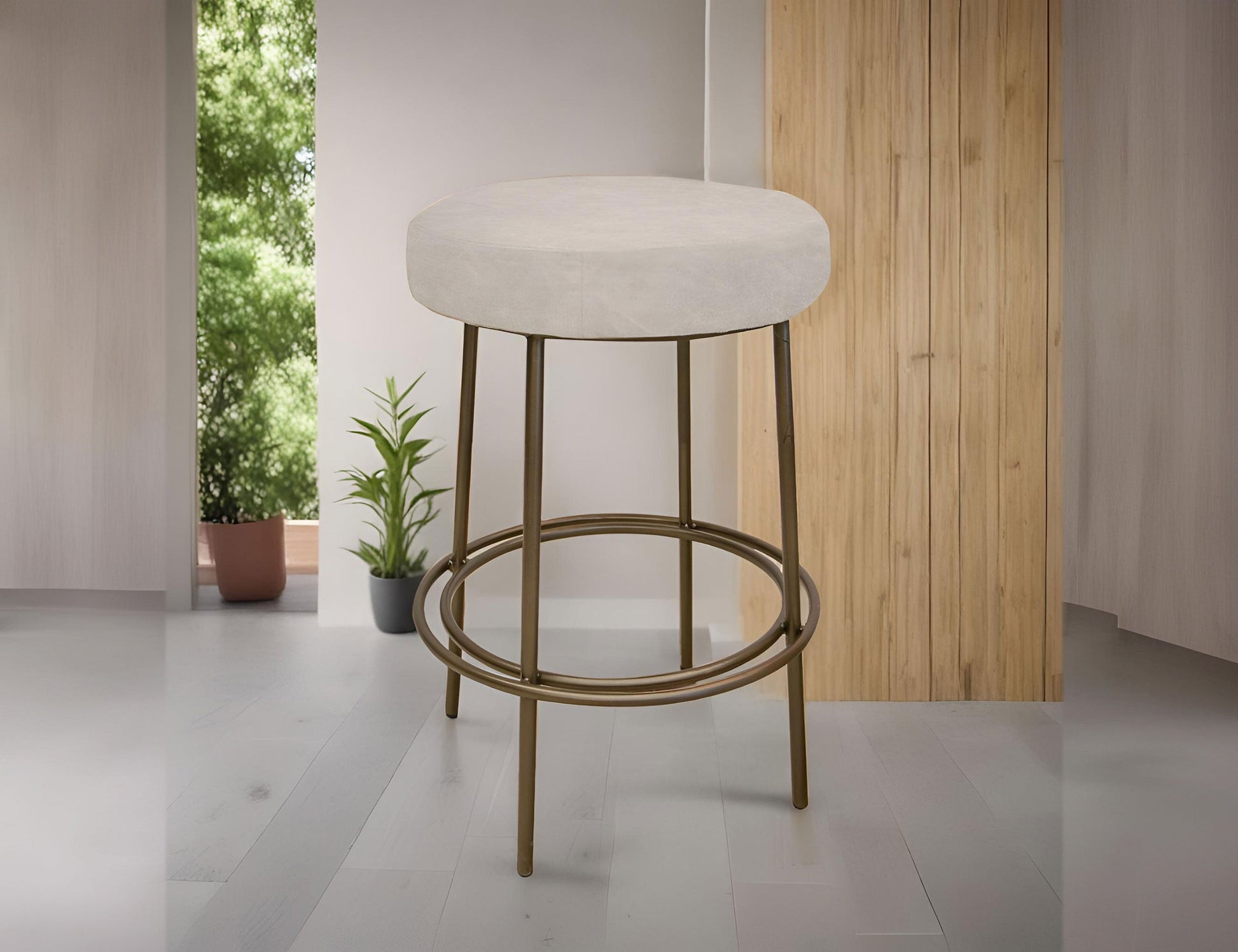 Wooden Frame & Metal Base, 30" Stool - Ivory