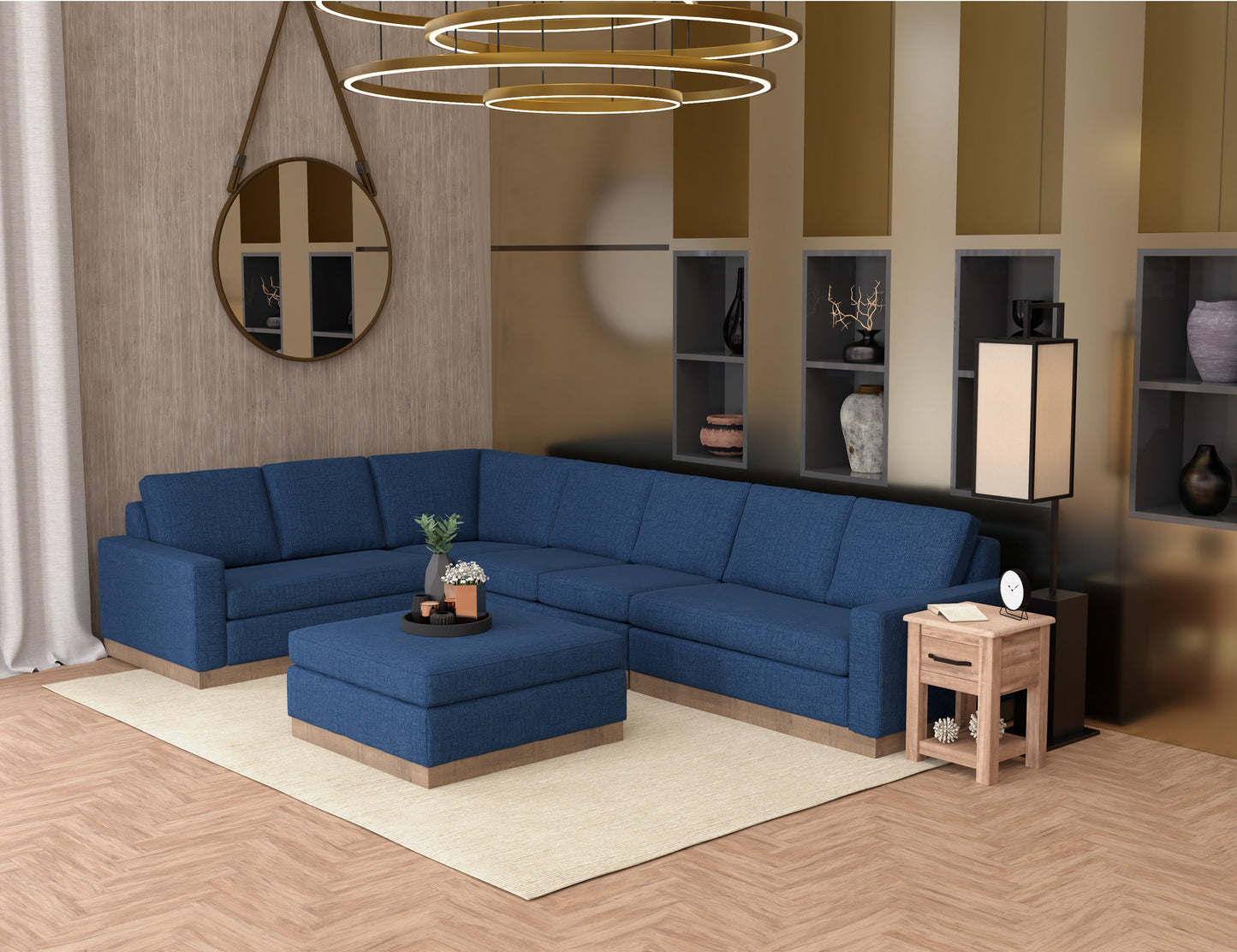Wooden Frame & Base, Upholstered Square Ottoman - Midnight blue