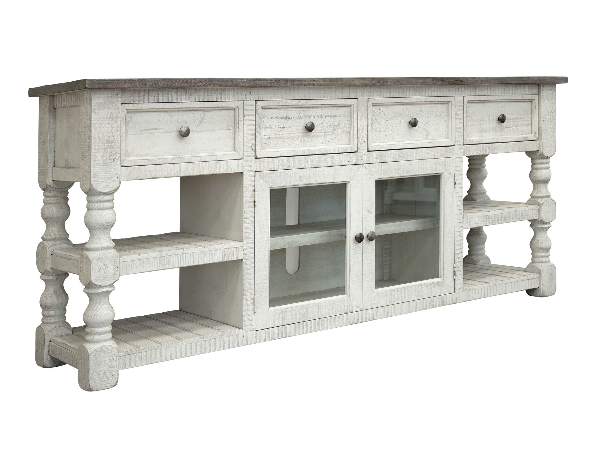 4 Drawer 2 Glass Doors 80" TV Stand - Antiqued Ivory & Weathered Gray