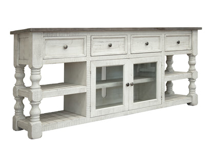 4 Drawer 2 Glass Doors 80" TV Stand - Antiqued Ivory & Weathered Gray