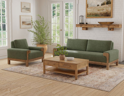 Wooden Frame & Base, Loveseat - Olive Green