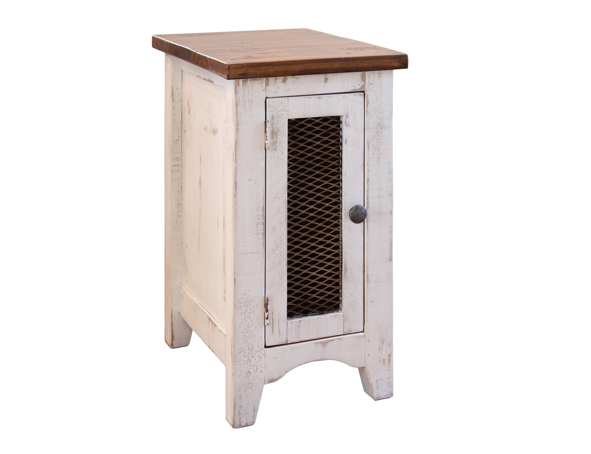 1 Metal Mesh Door Chairside Table - Antiqued White & Brown