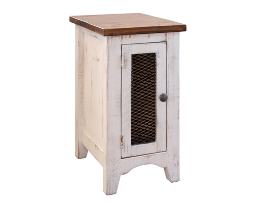 1 Metal Mesh Door Chairside Table - Antiqued White & Brown
