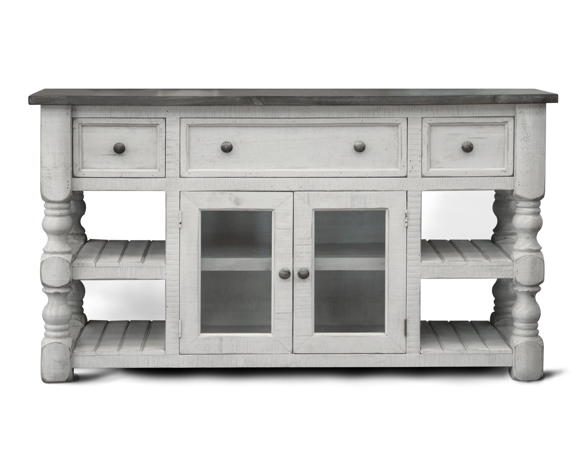 3 Drawer 2 Glass Door 60" TV Stand - Antiqued Ivory & Weathered Gray