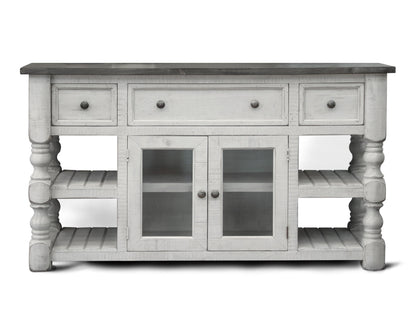 3 Drawer 2 Glass Door 60" TV Stand - Antiqued Ivory & Weathered Gray